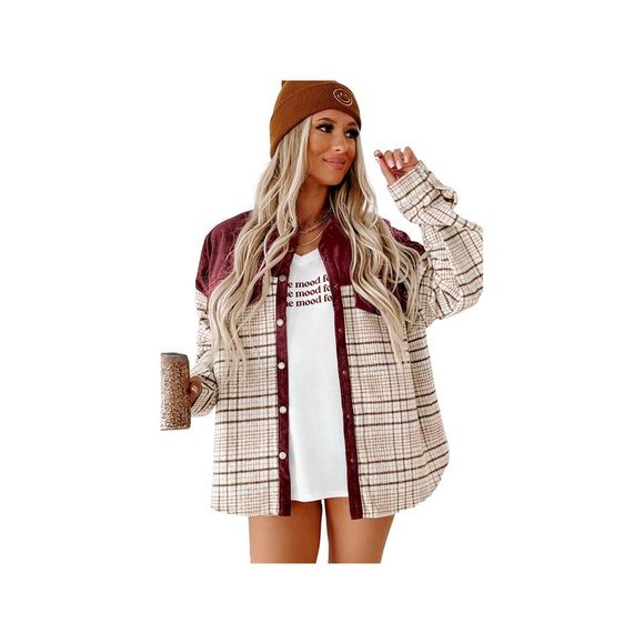 Azura Exchange  Red Plaid Patchwork Button-up Shift Shirt Jacket - Picture 6 of 6